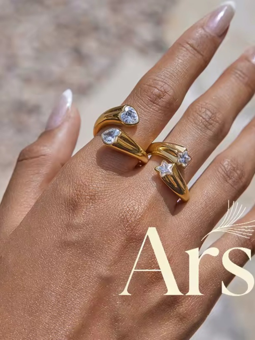 Gold-Tone Open Ring Trio with Clear Crystal Heart, Teardrop and Star